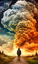 the poster features an orange cloudy sky and a lone person walking on the path