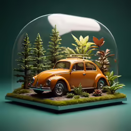 a yellow car is under a glass dome