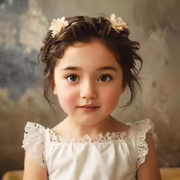 a young girl wearing a white dress with two flowers in her hair