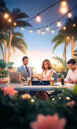 there are two men and a woman sitting at the table