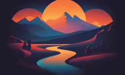 an orange and blue painting of a river with mountains in the background