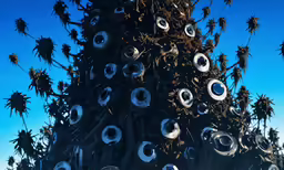 the tree has many different white objects in it