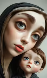 a doll looks down as another doll hides their face in her back