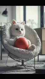 the small white cat is sitting in a chair