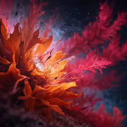 a close up of a large red and yellow flower,bright red and orange flowers near a star filled sky
