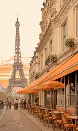 people standing near tables and chairs in front of the eiffel tower