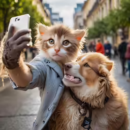 a person holding a cat and dog near some people
