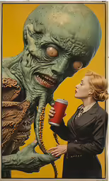 the woman is holding a drink in front of an image of an evil alien