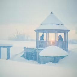 two people stand on the deck in front of a gazebo in a snow storm