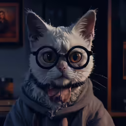 a cat dressed in glasses and a sweater