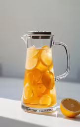 a pitcher with a bunch of lemons on a white table
