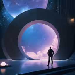 a man standing in front of a giant circular space object