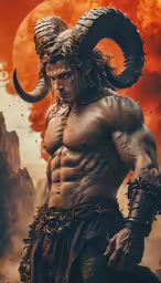 a man dressed like a horned ram standing on top of a hill
