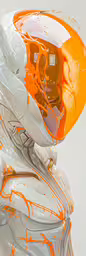 a white and orange helmet with an orange face,this is an orange and white helmet with red dots