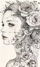 a drawing of a woman with flowers around her neck
