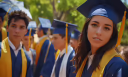 two graduating students standing in line with caps and gowns