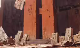 old pieces of wood and signs with writing