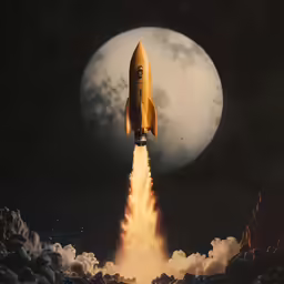 a golden space rocket is flying through the sky with a cloudy background