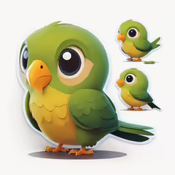 a green bird with yellow and blue eyes