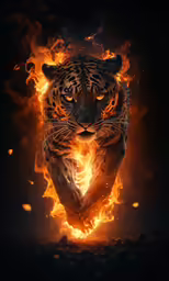 a tiger with flame all around its neck