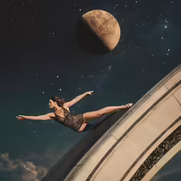 a woman in black is floating across the night sky