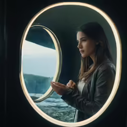 a woman looking into a mirror holding her hand