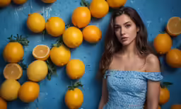 a girl in blue top standing next to lemons