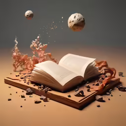 an open book on top of a table near a piece of debris