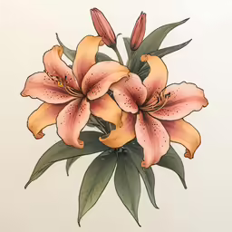 some peach lilies with green leaves in their petals