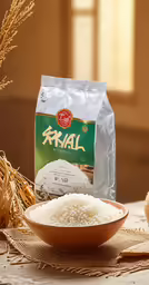 an uncooked bag and bowl with rice and cereal sitting on a table