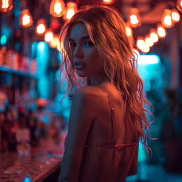 a young lady wearing an elegant bra posing in front of a bar with lots of lights,a woman is looking at the camera while posing in a bar