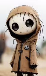 a creepy looking doll with black eyes and a coat