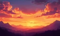 the sun rises over the mountain range with fluffy clouds