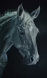 a horse is shown in the dark with its head turned to look like a face
