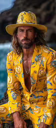 the man in yellow and yellow suit is sitting by the water,a man in a yellow suit and hat sits on some rocks