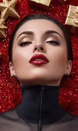a woman with red lipstick and a black choker