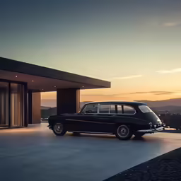 the antique car is parked on the outside of the building