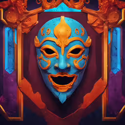 an ornate blue mask with an orange, gold and purple background,an illustration of a carnival mask on a wall