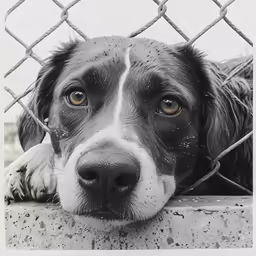 a large dog standing behind a chain link fence