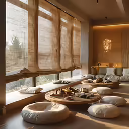 a long row of white pillows sitting on top of a living room floor