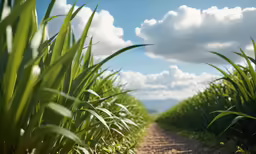 a road lined with grass next to the mountains
