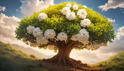 a tree with white flowers growing in it and a dirt road,the tree is growing and it is blooming