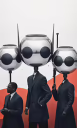 a group of three people wearing suits and holding up a sphere