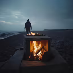 a man standing by an outdoor fireplace on the beach at dusk
