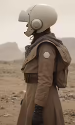 a person in a trench coat with a helmet on