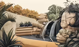 a man driving away from a tall orange car