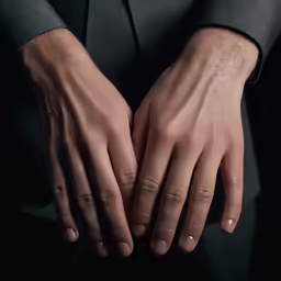 a man in a gray suit is wearing his hands together