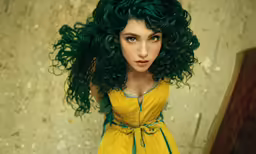 a photograph of a young woman with green curly hair