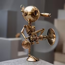 there is a small figurine of a man with two trumpets