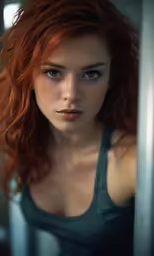 woman with red hair looking away while leaning on post
